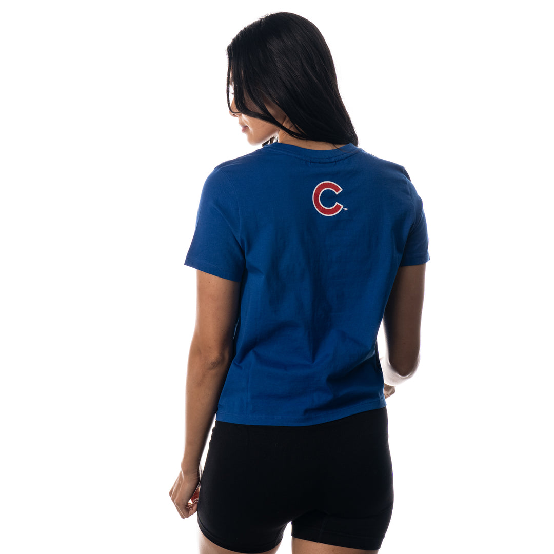 CHICAGO CUBS WILD COLLECTIVE WOMEN'S ROYAL BLUE SCRIPT TWIST FRONT TEE Short Sleeve Tees THE WILD COLLECTIVE