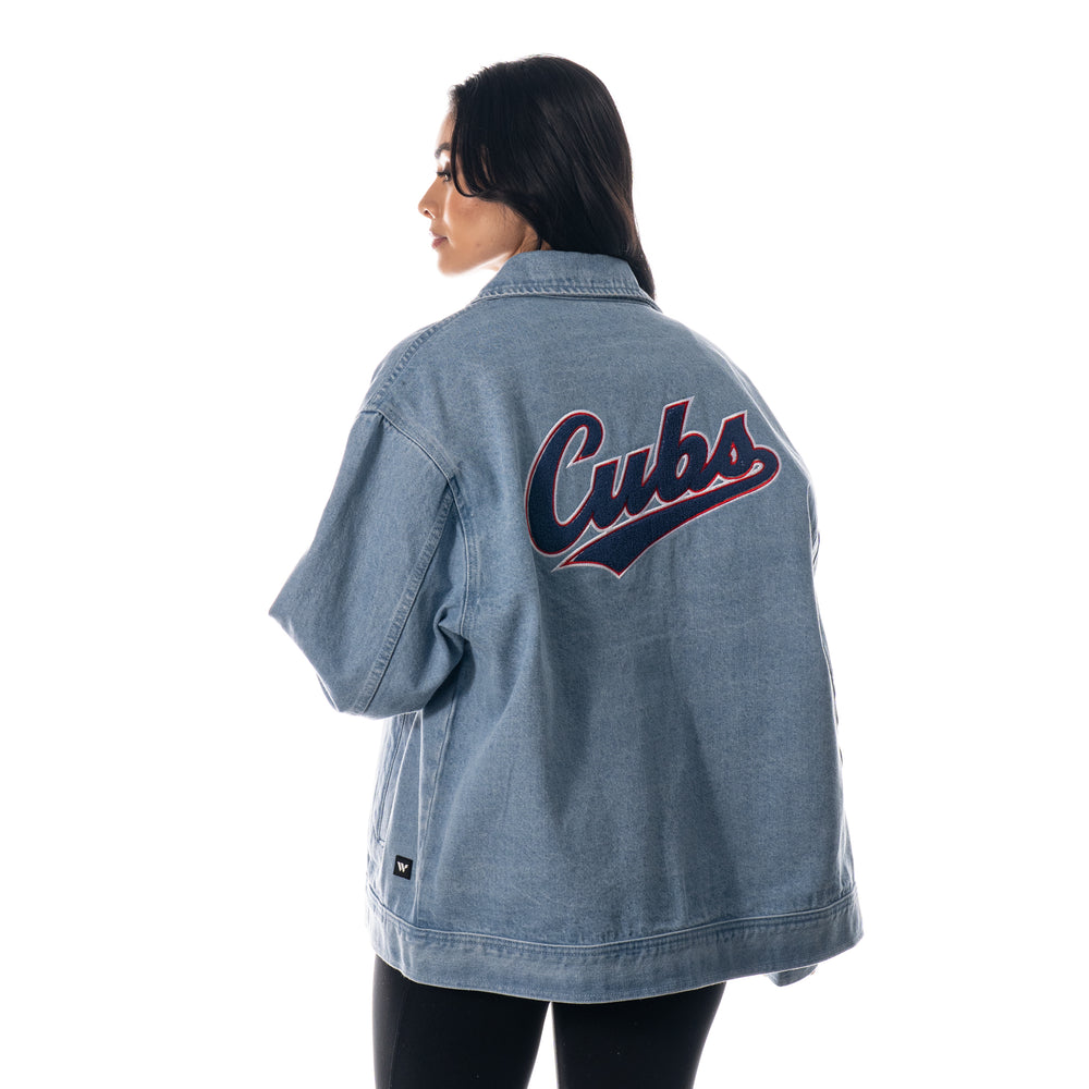 CHICAGO CUBS WILD COLLECTIVE WOMEN'S BULLSEYE HEAVYWASH DENIM JACKET Jackets & Outerwear THE WILD COLLECTIVE