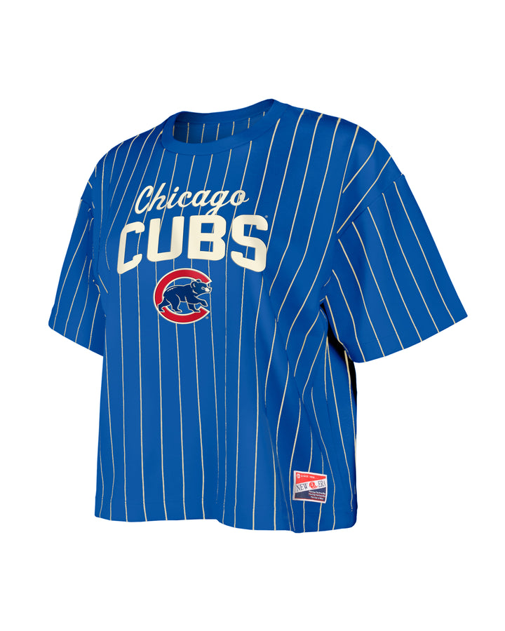Chicago Cubs Walking Bear Women's Cropped Royal Pinstripe Tee by New Era Short Sleeve Tees NEW ERA CAP COMPANY