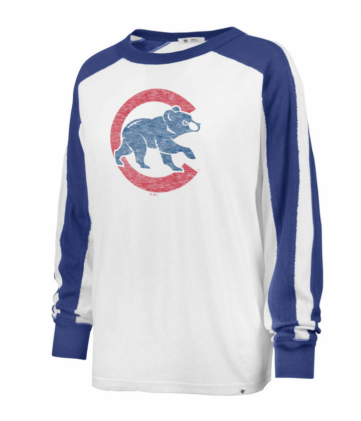 Chicago Cubs Walking Bear Women's White Premier Caribou Long Sleeve Tee by '47 Brand Long Sleeve Tees TWINS ENTERPRISE INC